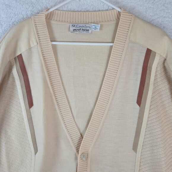 St. Croix Knits Men's Button Front V-neck Ribbed Trim Cardigan Sweater Cream XL - Picture 2 of 6
